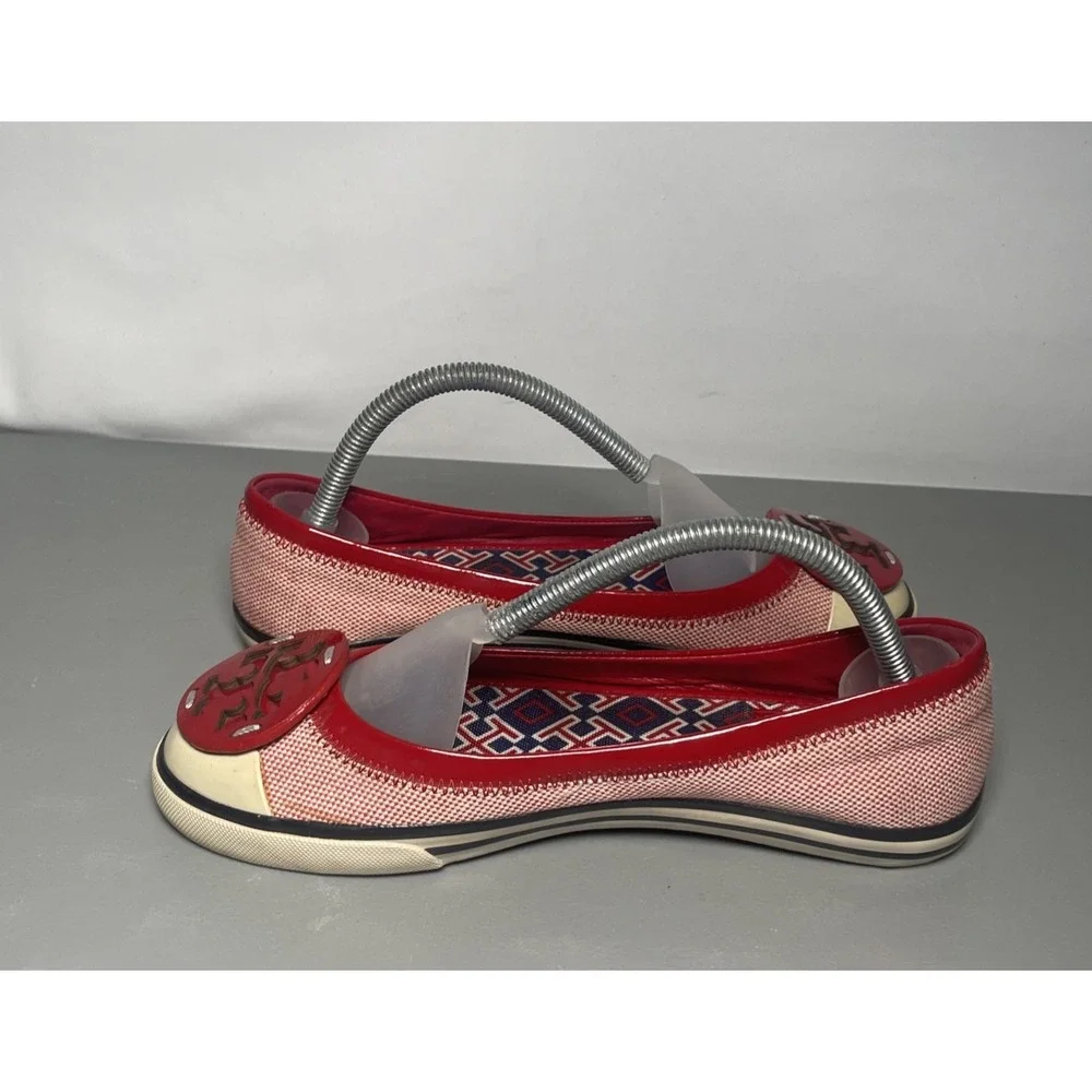 Tory Burch Women's Channing Red Canvas  Cap Toe Ballet Flats Size 6